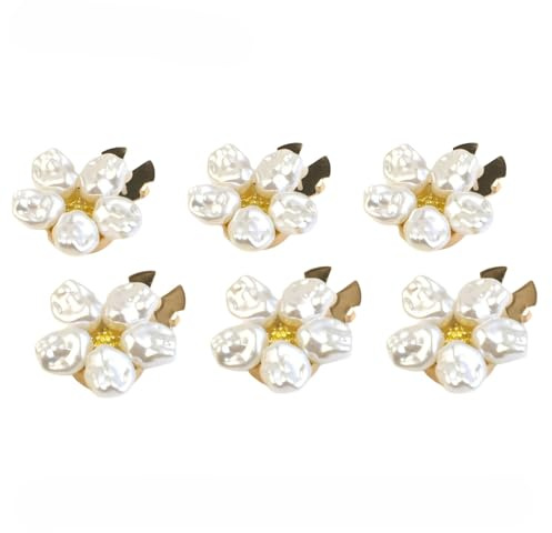 Skjortknappar, pärlblomma dekorativ, vit och guld, icke-sy fastklämma, 3 cm, 6-pack