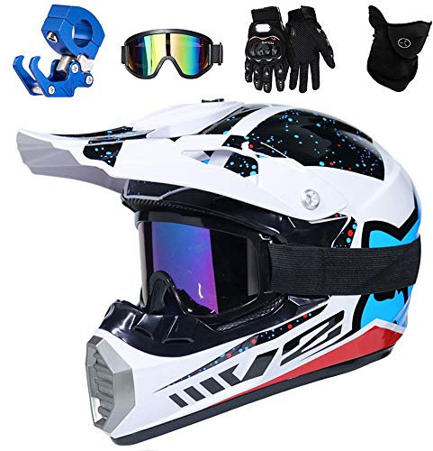 QYTK® Full Face MTB Helm, Motocross Cross Helm für Enduro Downhill MX Mountainbike ATV Junge Motorradhelm Zubehör mit Brille Maske Handschuhe Helmhaken,Helle Weiße Blau,XL(58~59CM)