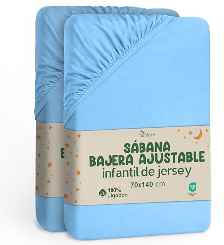 NatureMark Lot de 2 draps-Housses pour Enfant - 70 x 140 cm - Jersey Doux - 100% Coton - pour lit de bébé et lit d'enfant - Bleu Clair