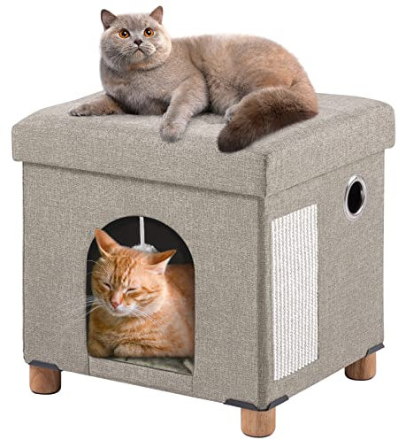 BRIAN & DANY Faltbare Katzenhöhle Große Katzen, Katzenhaus Höhle für Katzen mit Kratzbrett und Spielball, Sitztruhe Sitzhocker Fußhocker mit Holzfüßen 37 x 31.8 x 36 cm, Beige