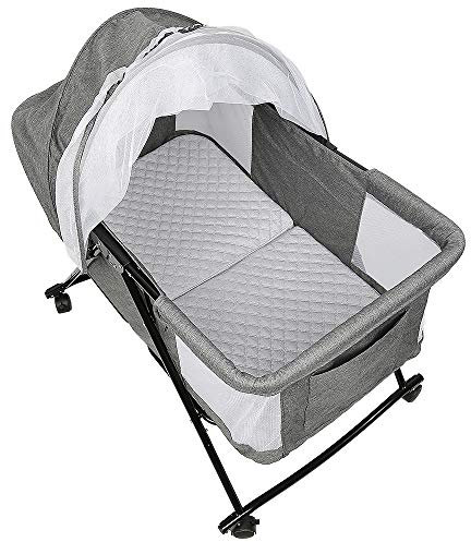 HUOLE Lit/Berceau Cododo Bébé avec Matelas, Mode Bascule pour Bercer Bébé, Côté Repliable, Hauteur Réglable, Roues et Sac de Voyage - 0-6 Mois-moustiquaire (106 * 92 * 55cm (Gris)