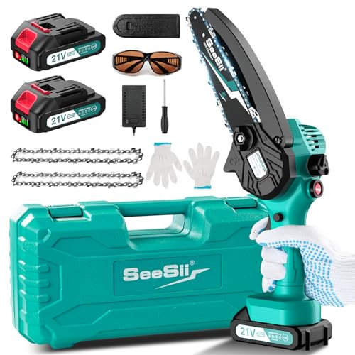 SEESII 6'' Mini Motosierra Bateria 2000mAh, 900W Sierra Eléctrica Bateria con Depósito Para El Aceite y Cadena Reemplazable, Motosierra Inalámbrica Portátil para Podar Árboles de Jardinería