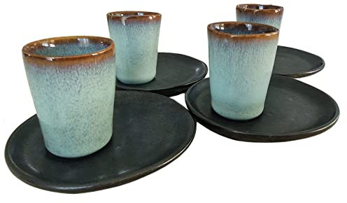 PintoCer - Juego de Tazas para Café Espresso en Ceramica de Gres sin Asa (Azul/Negro, 4)
