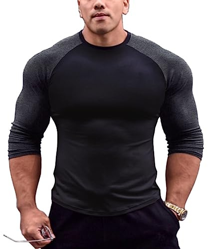 DLSMDOUS Mens Muscle Cut Raglan Tshirts with 3/4 Sleeve Fitness Workout Tops Black-Dark Grey S
