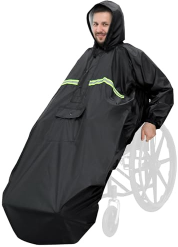 Poncho impermeable para silla de ruedas ANYOO con mangas, capa ligera Shield con bandas elásticas ofrece protección contra la lluvia para sillas de ruedas, talla única, B-negro., Talla única