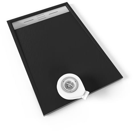 Moments of Glass Plato de ducha SMC Hiemal 120x80 cm, Negro RAL 7021 – Antiderrapante, Textura Pizarra, Antibacteriano, Resistente a agentes químicos – Incluye válvula y rejilla Inox