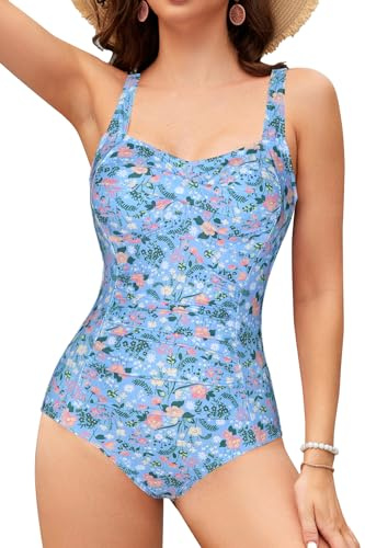 SHEKINI Mujer Traje de baño de una pieza retro adelgazante fruncido control de barriga halter talla grande modesto trajes de baño para mujeres, M