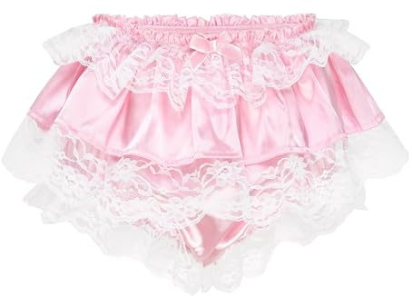 Satini Froufrou Dentelle efféminé A Volants Shorty Slips Lingerie Soyeuse Satin sous-vêtements Culottes (Rose Clair, XXL)