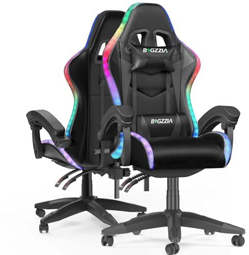 Racingreat Gaming Chair with Led Lights, Video Game Chair, Ergonomic RGB Gaming Chair for Adults, Height Adjustable Reclining Computer Chair with Headrest and Lumbar Support (With RGB, Black)