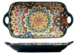 Coolcapis Serving Tray with Handles Rectangular Serving Platter Ceramic Extra Large Plates & Dishes Rectangle (Green)