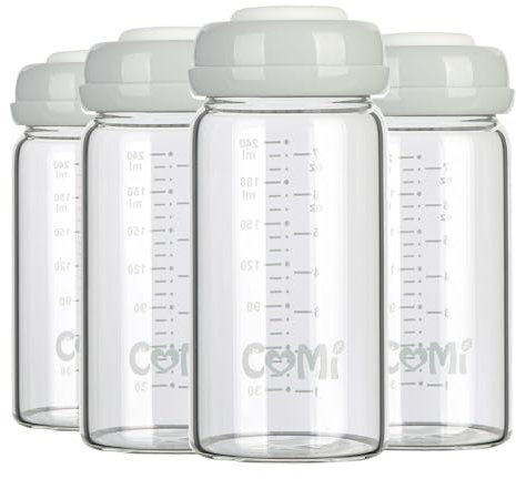 Comi Baby Glass Breastmilk Storage Bottles Grey 4 Packs 8.oz 240ml Wide Neck Bottles with Screw Ring Sealing Disk BPA-Free Breastfeeding Milk Collection Fits Breast Pumps & Nipples(4 Gray Lids)