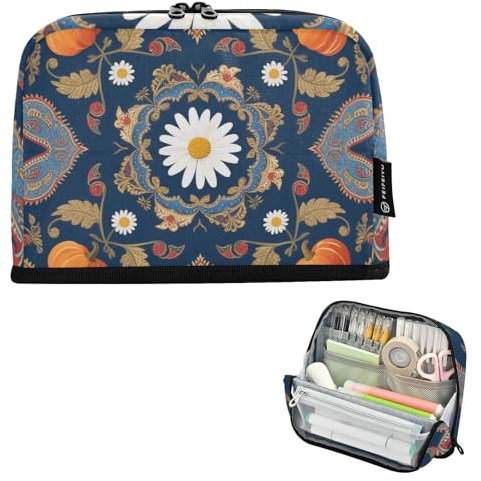 tplaotee Retro Paisley Pumpkin Daisy Dark Blue Pencil Storage Case Large Capacity Cosmetic Bag Zippered Stationery Bag for Men School Supply cartucheras para lapices