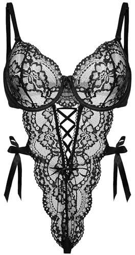 EVELIFE Body da Donna Sexy in Pizzo, Bodysuit con Scollo a V, Body Babydoll con Straps, Lingerie con Fiocco di Raso Laterale, Teddy in Pizzo, Intimo Sexy S-XXL, Nero , XL
