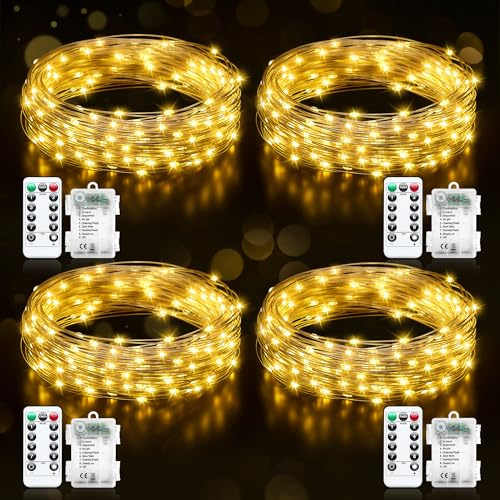 Luci Led a Batteria, 4 Pezzi 5M 50 Led Rame Filo Catene Luminose Lucine Fata Luci con Telecomando e Timer, 8 Modalità Impermeabile Bianco Caldo Luci per Natale per Letto Camera, Feste, Matrimoni