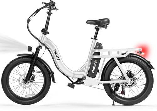 Elecby 1200W Peak Folding Electric Bike for Adults, 28MPH 48V 10.4Ah Removable Battery, 55-Mile Range, 20x3 Fat Tire, Step-Thru Ebike with Basket 7-Speed – Commuter E-Bike White