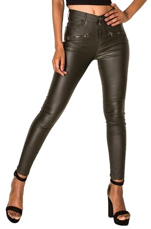 Lusty Chic Leggings da Donna in Similpelle a Vita Media - vestibilità Attillata con Effetto Push-up sui Glutei, Modello con Cerniera (S, Kaki)