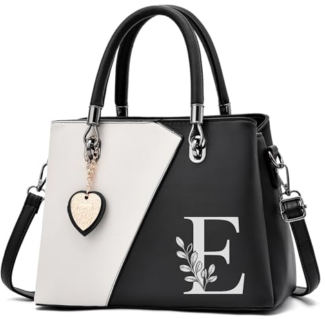 I IHAYNER Womens Leather Handbag Top Handle Tote Satchel with Personalized Initials Contrast Color Shoulder Bag for Ladies Black-E
