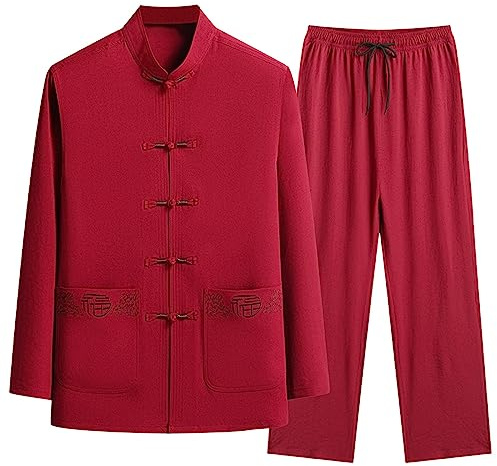 Generisch - Pyjama chinois pour homme - Costume Tangzhuang uni - Ensemble traditionnel Tang en 2 pièces - Veste et pantalon à manches longues - Costume ancien - Uniforme d'arts martiaux - Costume