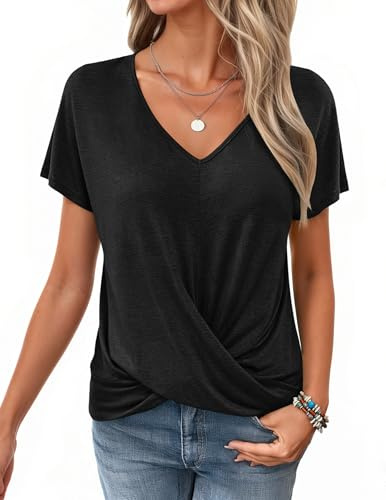 WNEEDU Tee Shirt Femme Col V Manches Courtes T Shirt Haut été avec Nœud Torsadé Top Blouse Chic et élégant