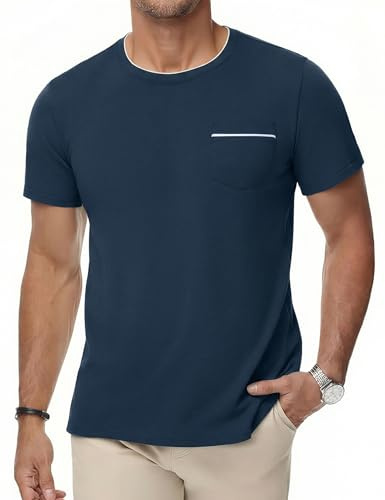iClosam Men's Cotton T Shirt Short Sleeve with Colour Block Chest Pocket
