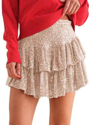 Générique Jupe à Volants à Paillettes pour Femme - Taille Haute - Ourlet superposé - Mini Jupe Scintillante avec Short en Dessous