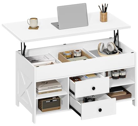 Hzuaneri Mesa de Centro Elevable, 100cm Blanco, Mesa de Salón con 2 Cajones | 50 x 100 x 45 - 61,3 cm, 3 Compartimentos Ocultos, 4 Compartimentos Abierto, CT22113B