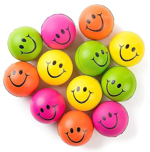Neliblu Neon Smile Stress Balls for Adults and Kids - Foam Squeeze Ball for Relaxation and Fun - Pack of 12 Happy Face 2.5-Inch Squeeze Balls - Ideal for Parties, Therapy, and Toys