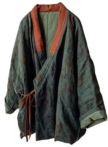 NFYM Giacca corta imbottita da donna in cotone, stile Kimono, con chiusura a wrap, stile Hanfu cinese, stampa patchwork, sciolta, verde scuro, Taglia unica