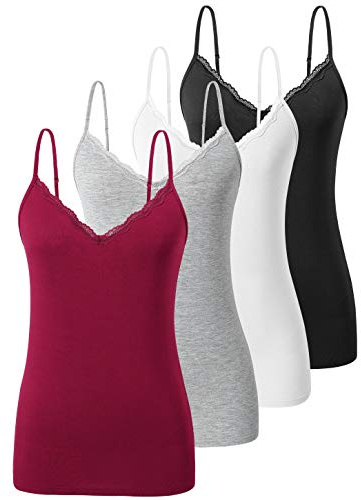 Ymmchy Adjustable Camisoles Lace Camisoles for Women V Neck Vest Tops Spaghetti Strap Tank Top 4-Pack Black/White/Gray/Wine Red M