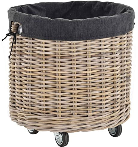 Grand panier à bois avec poignées - Panier à bois avec roulettes en rotin naturel gris - Chariot de rangement - Roulettes - Panier à bûches de cheminée - Panier polyvalent avec coutil (rond petit)