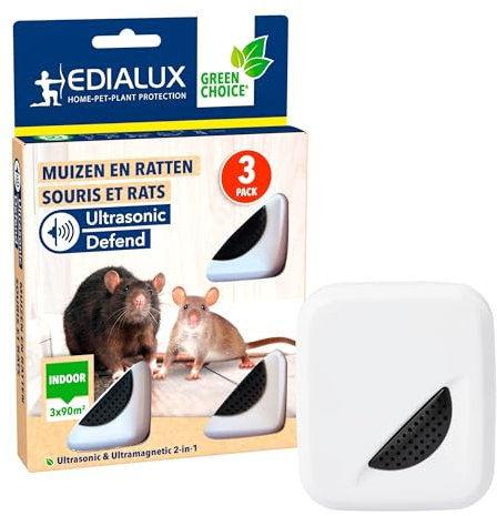 Edialux Répulsif Contre Souris et Rats à ultrasons, Anti-Rats, Dispositif intérieur Plug-and-Play, sans Danger pour Les Animaux, Protection jusqu'à 90 m² par Appareil, 3-Pack
