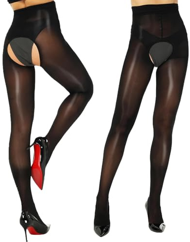 DMNQ 2 Pezzi Collant Aperti Sexy Trasparenti Lucidi da Indossare con Qualsiasi Outfit (Nero/Taglia Unica/80-165 Libbre)