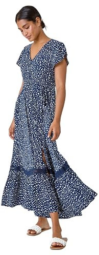 Roman Originals Shirred Empire Waist Dress for Women UK Ladies Midi Maxi Summer Spring Tiered Frill Hem Short Sleeve V Neck Button Through Boho Bohemian Holiday Cruise - Navy Blue White - Size 10