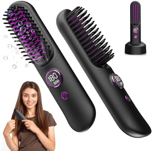 Brosse Lissante pour Cheveux sans Fil, Portable Fers à Lisser Négatifs Ions avec Station D'accueil 120℃-200℃ Chauffe Rapide Rechargeable par USB Lisseur Cheveux, Arrêt Automatique (Noir)