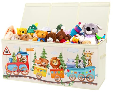 Scatola di Giocattoli Large con Coperchio Ribalta per Bambini, Contenitore Porta Giochi Pieghevole Oxford, Baule Portagiochi Impermeabile Robusto per Ragazze Ragazzi, 96×32×40cm (Treno degli Animali)