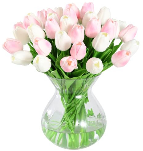 JUSTOYOU 40 Künstliche Tulpen Blumen,Fake Real Touch Latex Tulpe, Faux Blume Tulpe Hochzeit Sträuße für Hochzeit Home Garten Dekoration(weiß+Rosa)