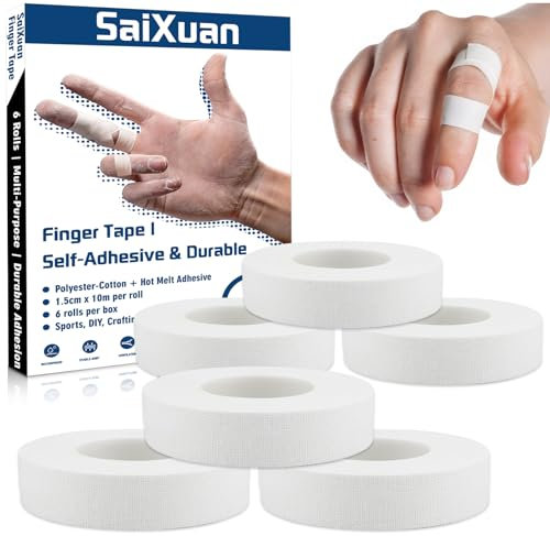 SaiXuan Nastro Autoadesivo per Dita, Confezione da 6 Rotoli (1,5 cm x 10 m), Tepe Dita Delicato sulla Pelle, per Nastro Dita Pallavolo, Arrampicata, Basket, Protezione delle Articolazioni (Bianco)