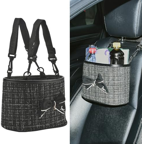 JSCARLIFE Car Seat Back Hanging Bag,PU Leather Car Back Seat Organizer Hanging Cotton and linen fabric Car Storage Box Travel Tidy Pouch Pocket Car Trash Can for Most Vehicles (Black)