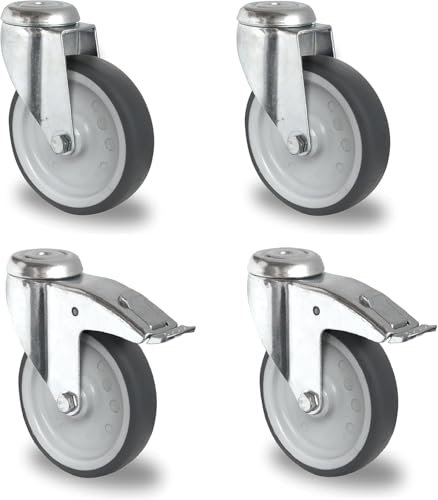 Rollensatz 100 mm – 4er-Set Apparaterollen – 2 Lenkrollen mit Bremse, 2 ohne – Polypropylen spurlos – Gleitlager – 300 kg dyn. Traglast – Rückenloch-Befestigung
