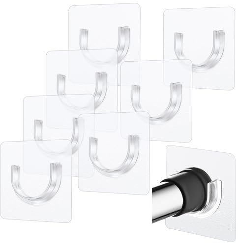 Shower Curtain Rod 8 PCS No Drill Retainer Brackets Tension Holders Adhesive Holder Closet Hooks Rods For Bathroom Wardrobe Curved Clips Wall Strip Plastic Self Stick On Peel and Support Mount Sticker