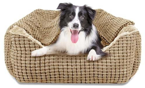 JOEJOY Rectangle Dog Bed Warm Hooded Puppy Bed for Large Medium Small Dogs, Luxury Super Soft Pet Cave Bed Medium Washable, 76x61x23cm(Brown)