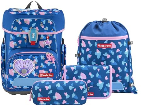 Step by Step Schulranzen-Set CLOUD REFLECT „Seashell Pearl“ 5-teilig, blau-rosa, Panther-Design, ergonomischer Tornister mit Reflektoren, höhenverstellbar mit Hüftgurt für Kinder ab der 1. Klasse, 19L