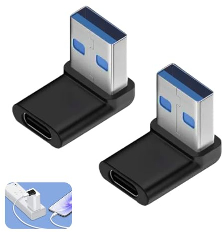 2 st USB C vinkeladapter 90° utrymmesbesparande, kort USB A till USB C data adapter kontakt till uttag 10 Gbit/s & 100 W, aluminiumvinkelkontakt för bärbar dator smartphone surfplatta kompakter