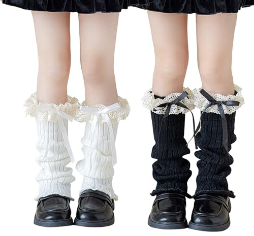 KASESSS 2 Pairs Slouch Leg Warmers Kids, Winte Warm Long Ruffled Lace Bow Knitted Leg Warmers, Breathable Stylish Sweet Legwarmers Girls for 6-12 Years Old Daily Wear White Black
