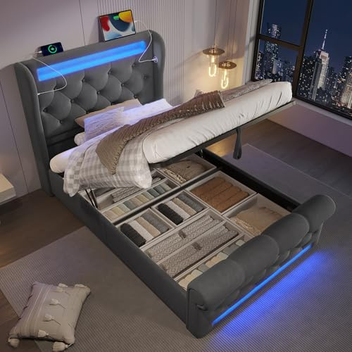 YAIXBNG Modern klädselsäng, enkelsäng, 90 x 200 cm, klädselsäng med LED-lampor, förvaringsutrymmes-sänggavel med USB- och typ C-anslutningar, hydraulisk förvaringssäng, grå, sammet. (Utan madrass)