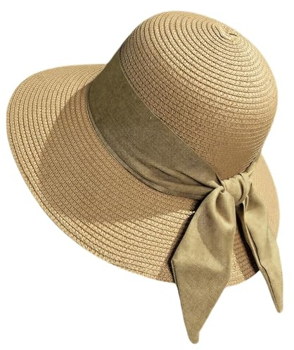 Women's Sun Hat Wide Brim Beach Straw Hat with Bow Knot UV Protection for Summer Garden Travel Vacation Khaki