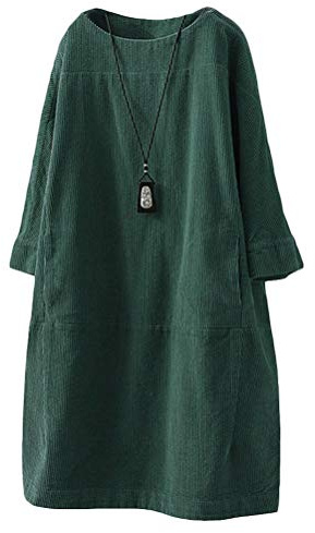 FTCayanz Women's Cotton Tunic Dress Corduroy Vintage Long Sleeve Casual Dresses Dark Green Large