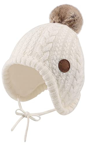 XIAOHAWANG Tricoté Hiver Chapeau pour Bébé Garçon Automne Enfant Bonnet de Fille Mignon Bébé Chapeaux avec Pompon(Blanc, 6 à 18 Mois)