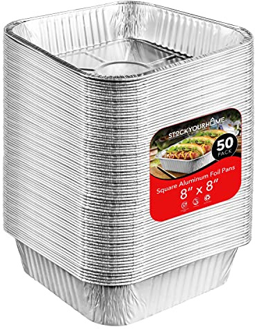 Stock Your Home 8x8 Foil Pans (50 Pack) 8 Inch Square Aluminum Pans - Foil Pans - Disposable Food Containers Great for Baking Cake, Cooking, Heating, Storing, Prepping Food