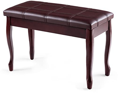 RELAX4LIFE Piano-Bank aus Massivholz, Klavierhocker mit gepolstertem Sitz aus Kunstleder, Klavierbank mit Gebogenem Fuß, 2-Sitzer-Bank mit Ablagefach, bis 160 kg belastbar, 75 x 35 x 49 cm (Braun)